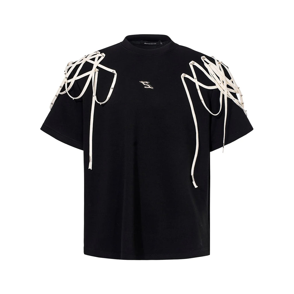 Black short-sleeved T-shirt with padded shoulders and rivet ribbon detail, loose fit with round neck