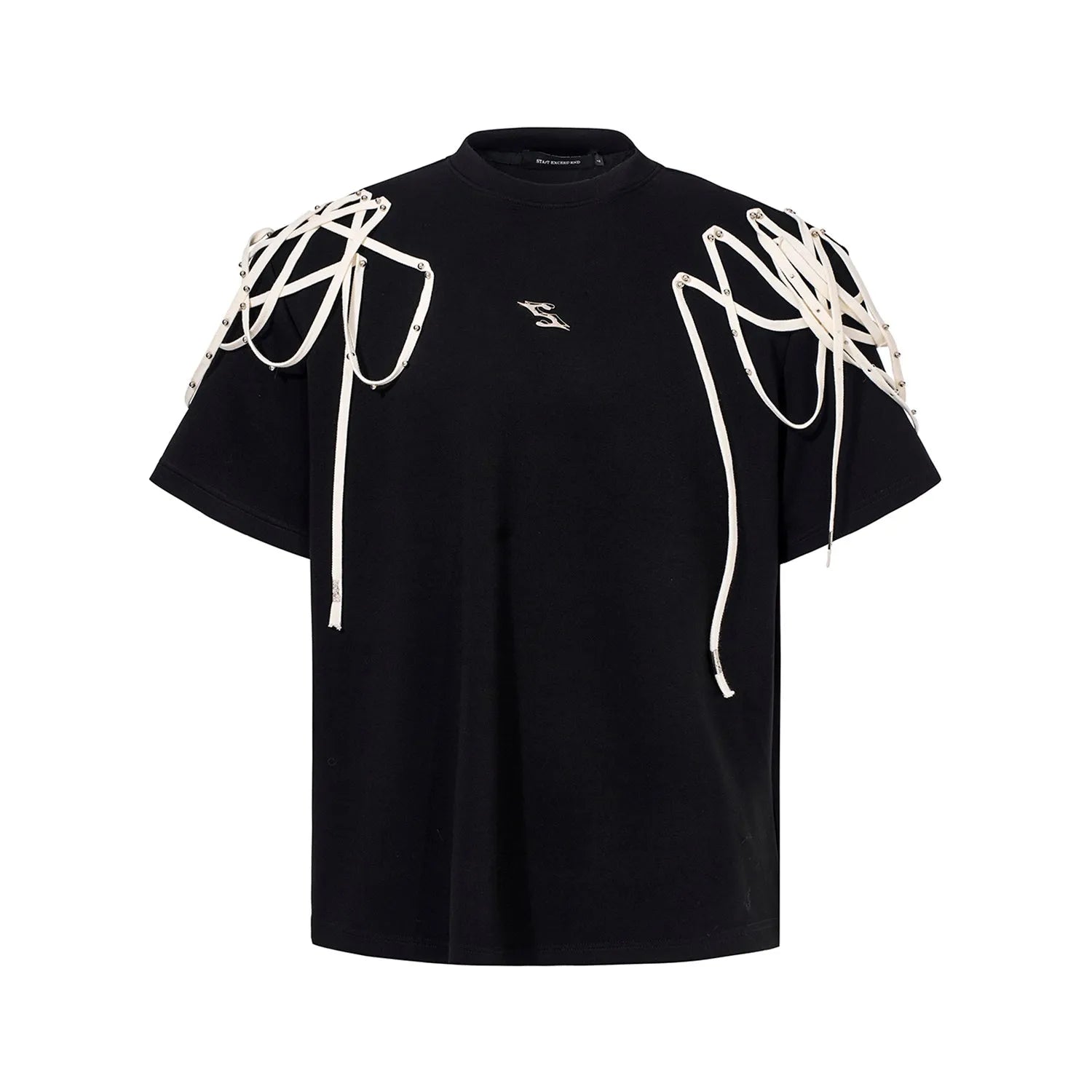 Black short-sleeved T-shirt with padded shoulders and rivet ribbon detail, loose fit with round neck