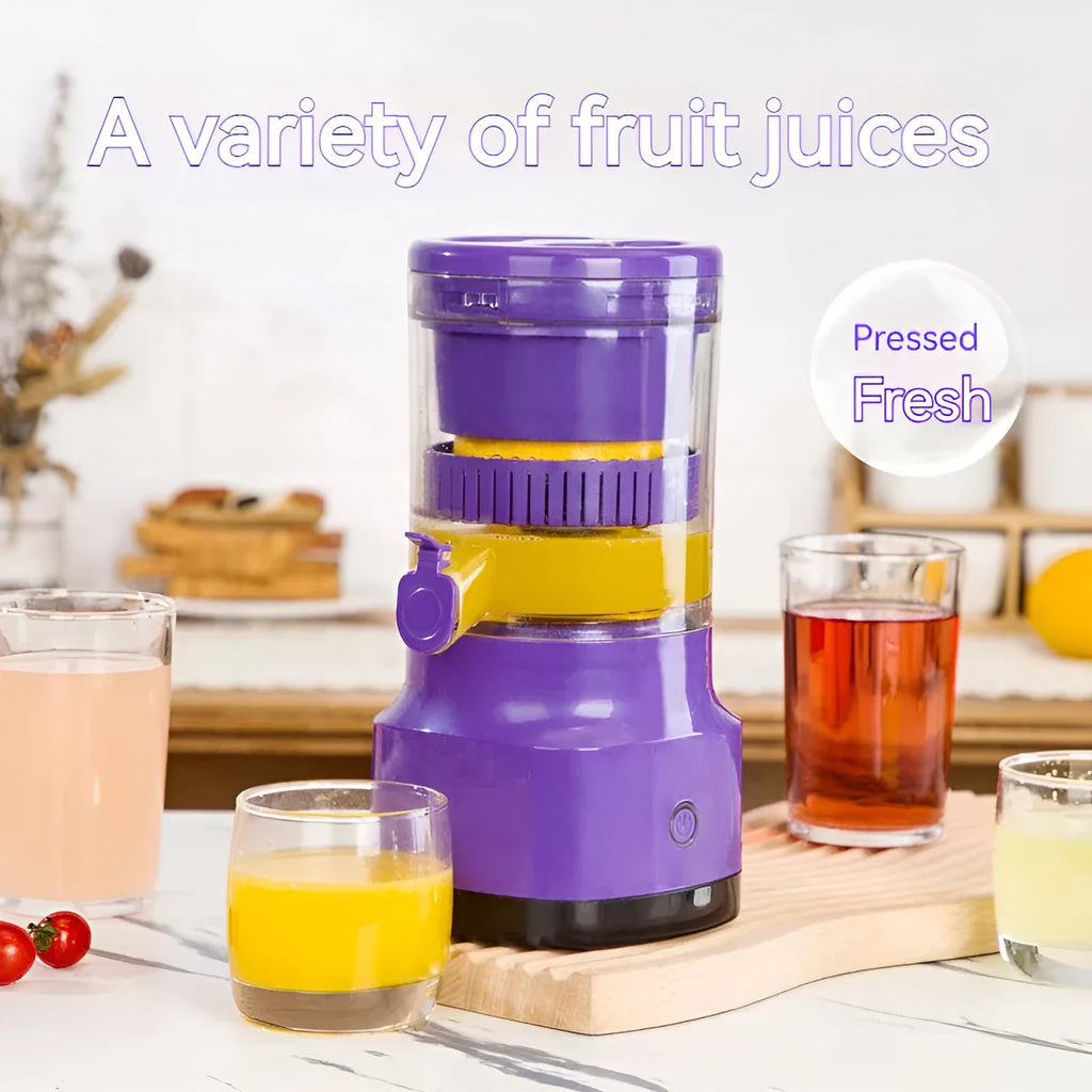 Purple USB rechargeable electric citrus juicer with cone-shaped pulp filter