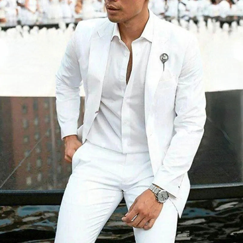 Men's white two-piece wedding suit in slim fit style with jacket and trousers