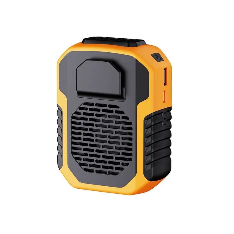 Green portable hanging neck fan for outdoor sports with USB charging cable.