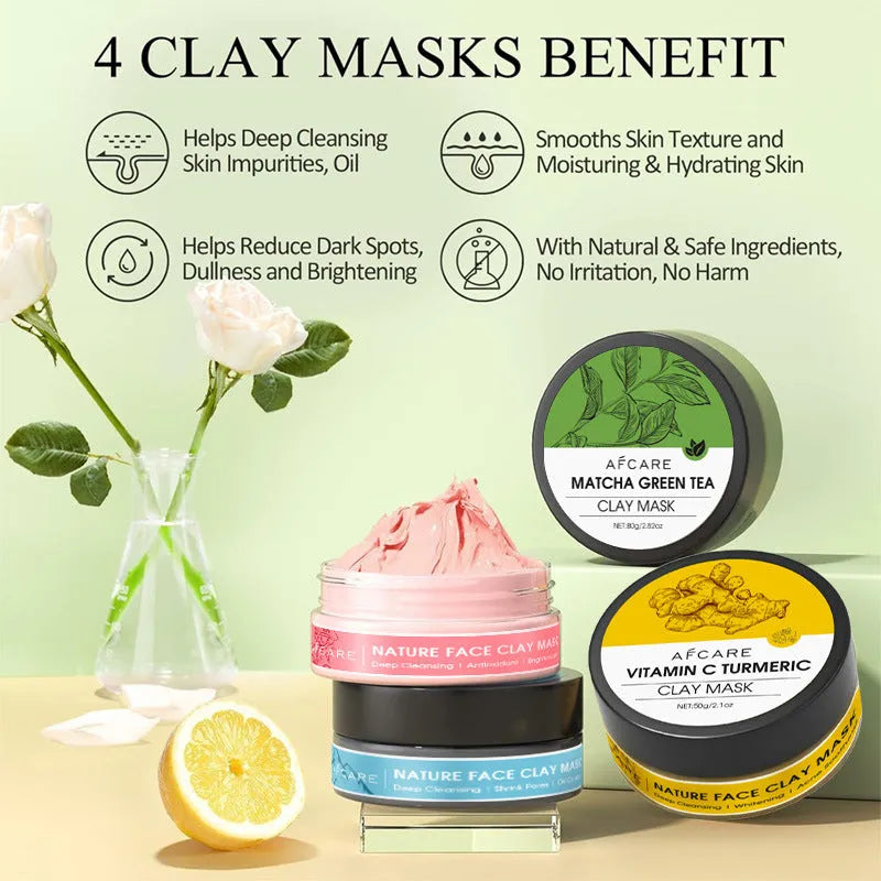 Set of four clay face mask jars: Dead Sea Mud, Green Tea, Turmeric, and Rose, each 80ml.