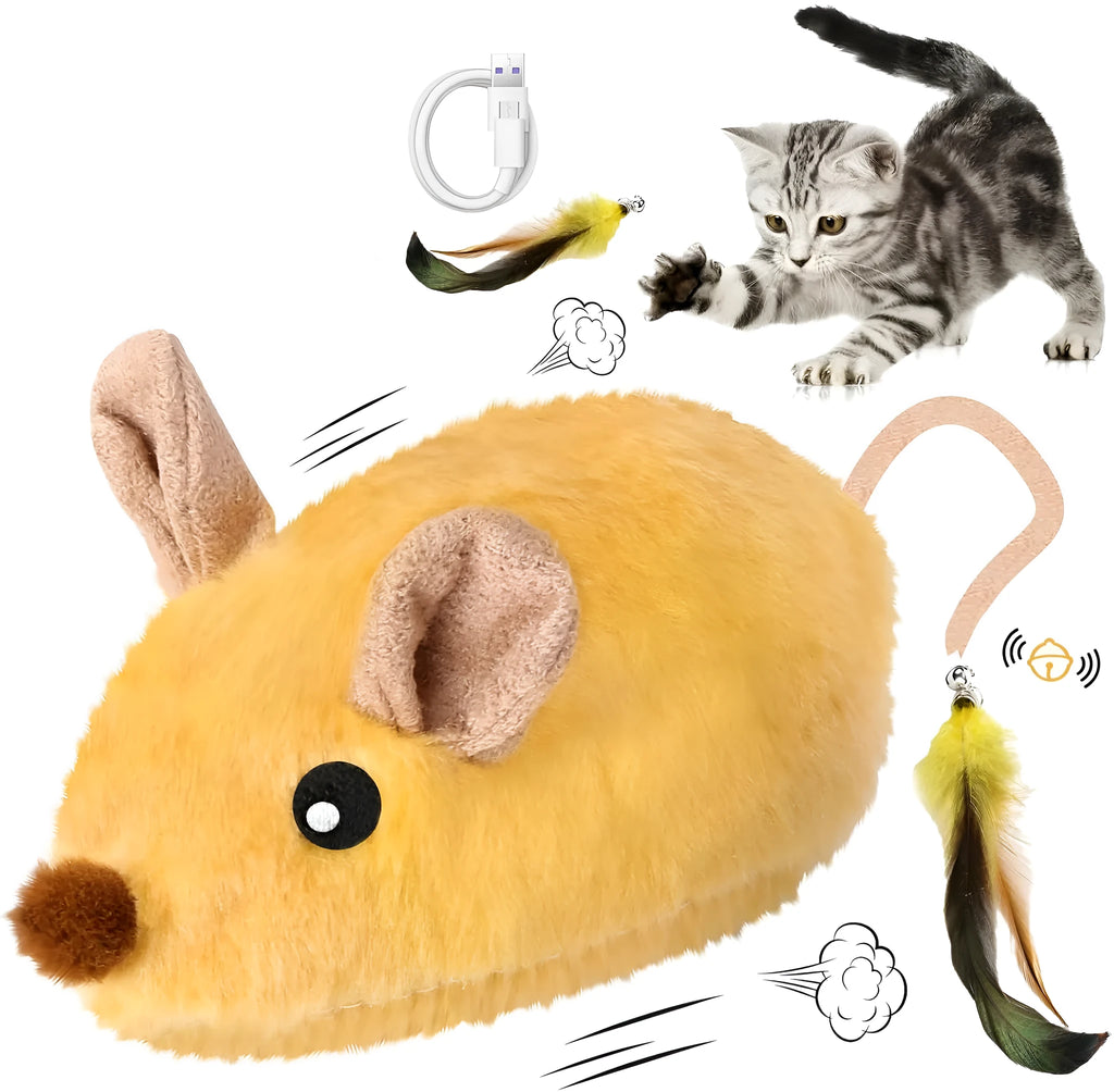 Grey and yellow interactive electronic cat mouse toy with feather tail and LED lights