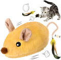 Grey and yellow interactive electronic cat mouse toy with feather tail and LED lights