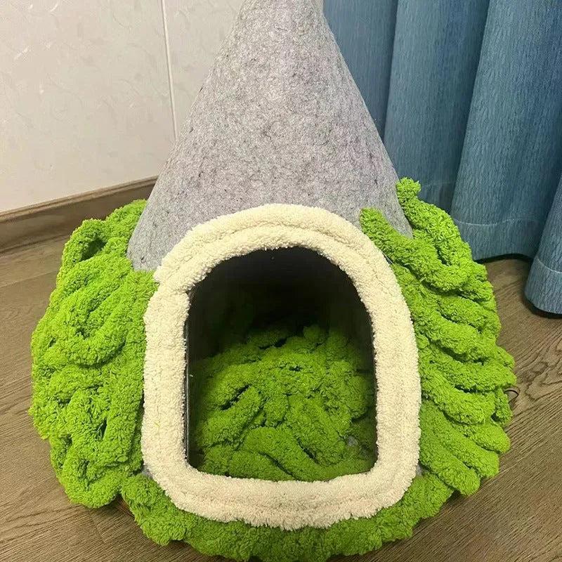 Grey handmade felt cone-shaped cat house with enclosed tent-style design