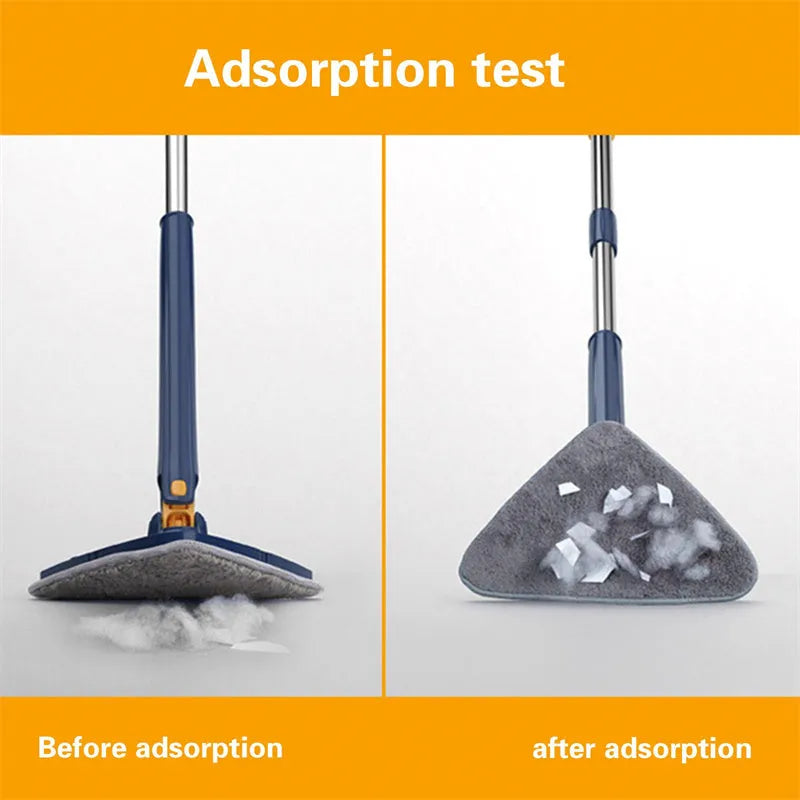 Blue triangle mop with rotating head and extendable stainless steel pole for corner and wall cleaning
