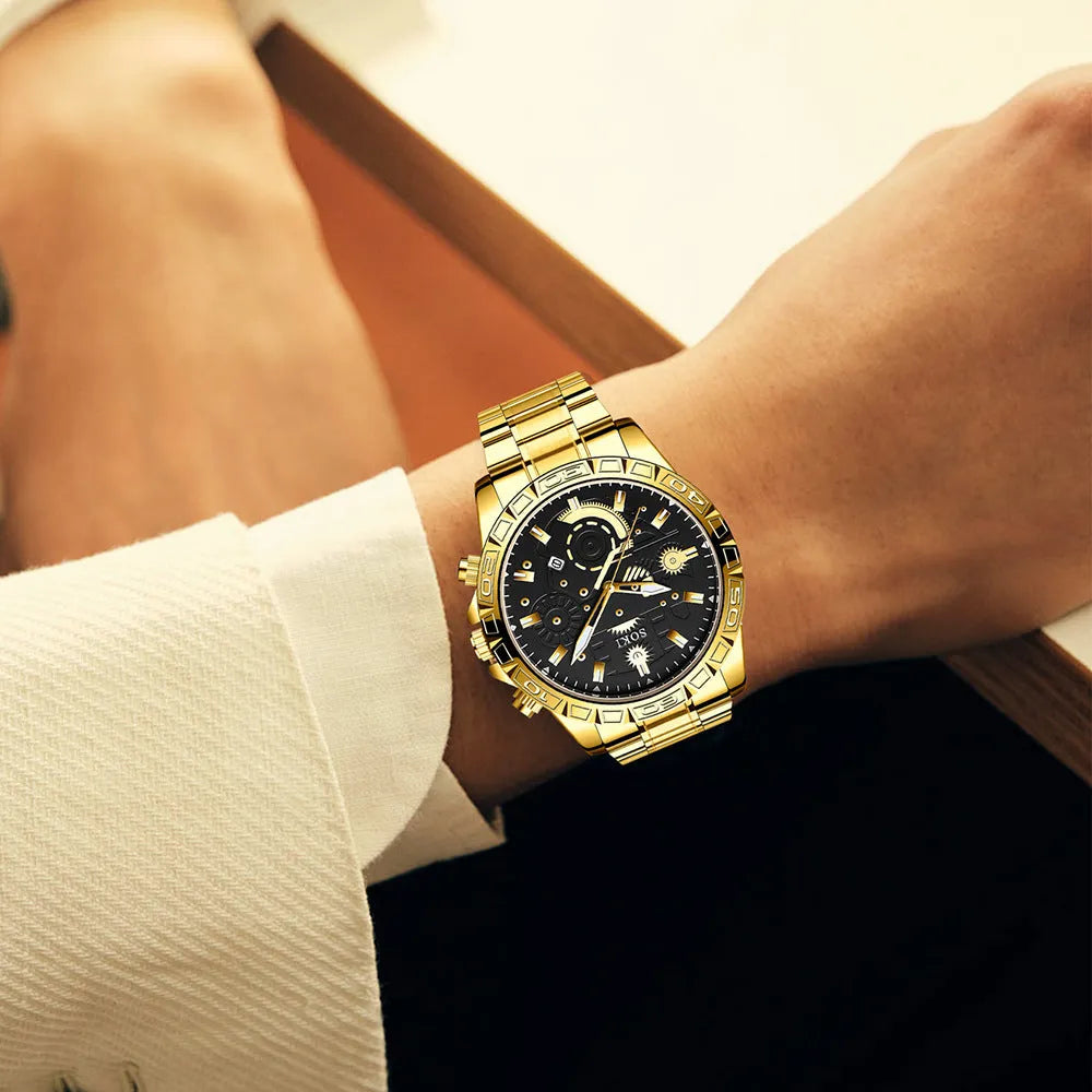 Men's gold stainless steel business quartz watch with calendar on wrist