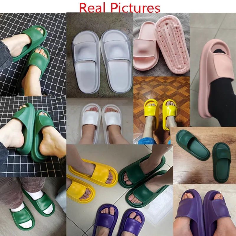 Unisex thick-soled EVA flip flop slippers in multiple colours on a white background.