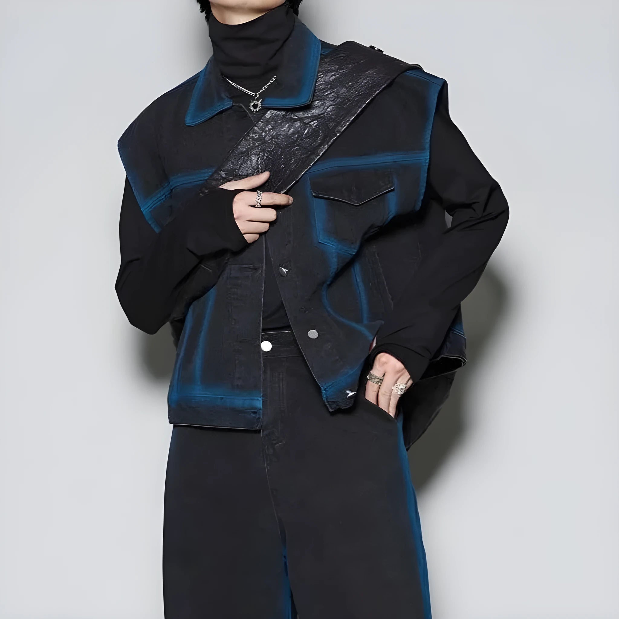 Distressed denim vest and jeans two-piece set with spray colour gradient and fleece lining