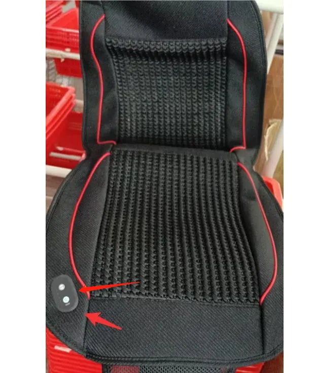 Black car ventilation seat cushion showing minimalist design and power cord