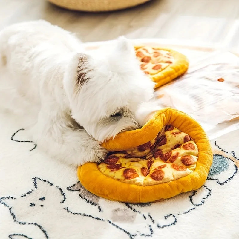 Yellow pizza slice shaped squeaky dog chew toy made from soft teddy fabric.