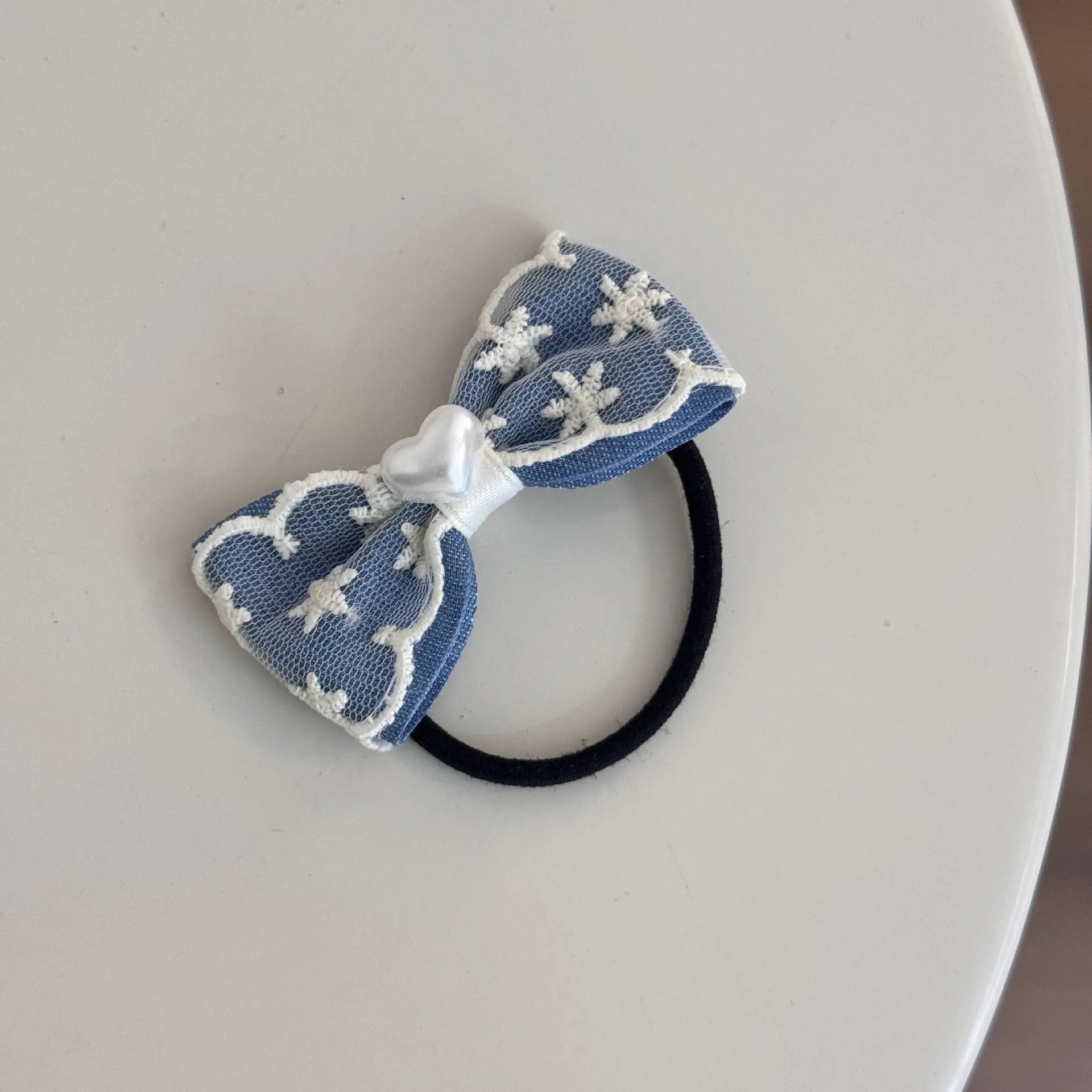 Hand-made pastoral cloth barrettes with beige lace and blue bow designs for women's hair
