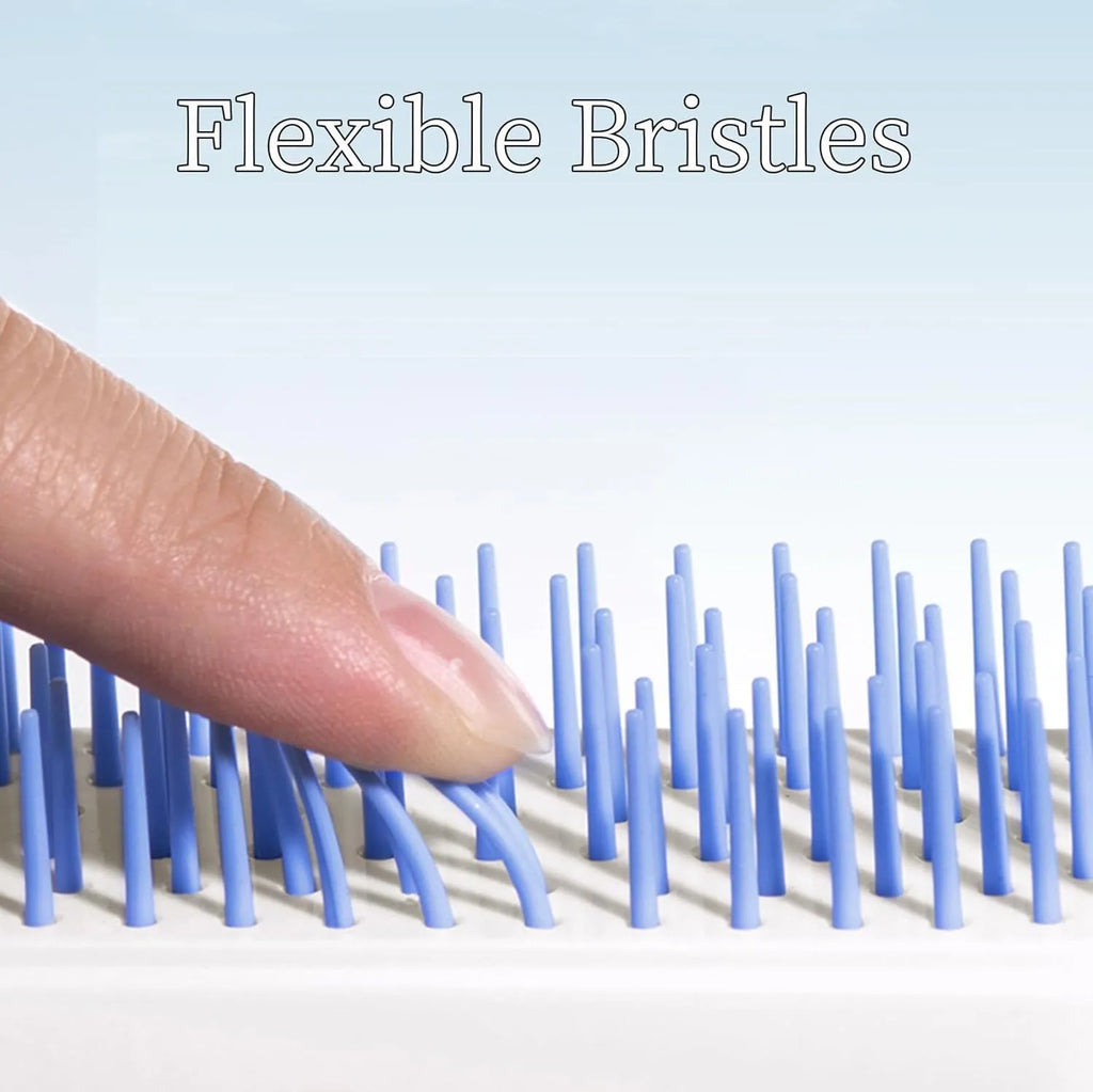 Dual-sided dog grooming brush for small breeds with soft bristles in blue colour