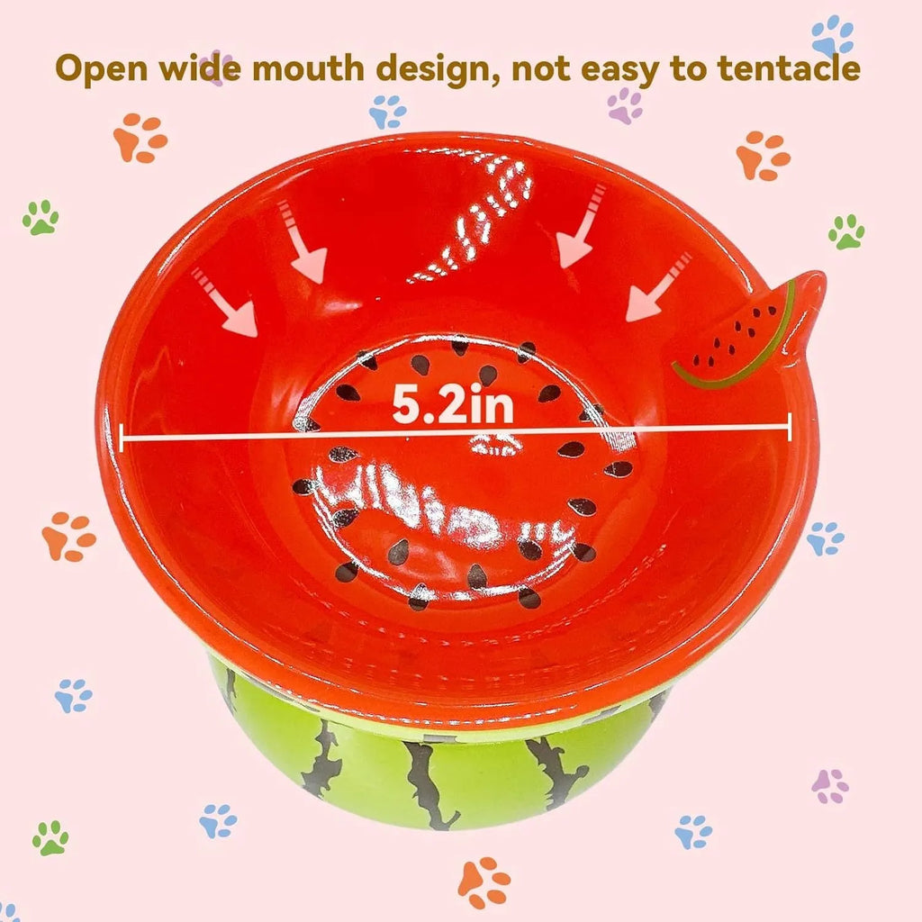 Ceramic raised cat bowl with tilted design in orange pattern, showing elevated feeding station for pets