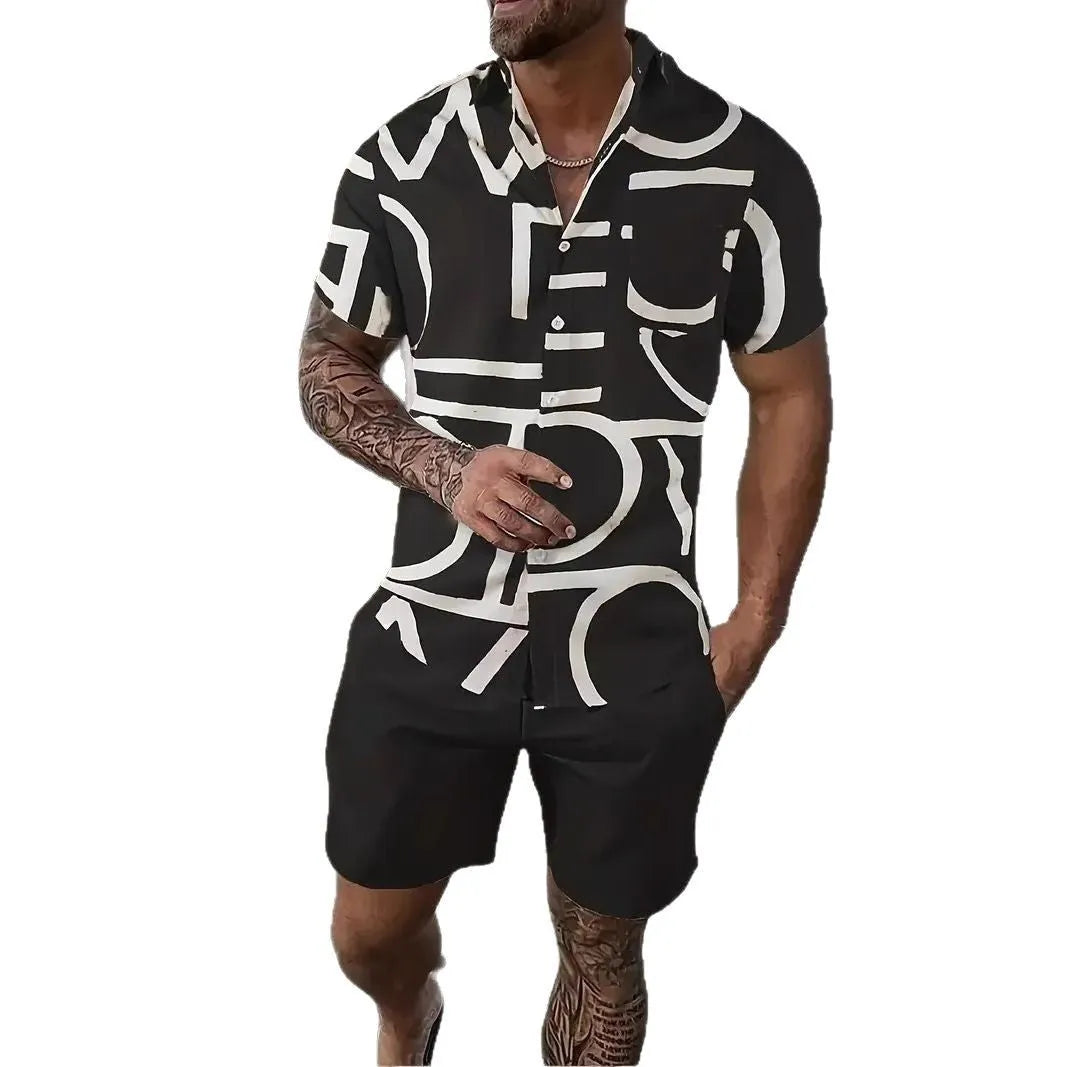 Man wearing a short sleeve Hawaii print shirt and matching shorts from the men's casual suit set.