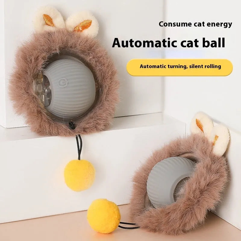 Cat self-play toy with rolling silicone plush ball in multiple colour options