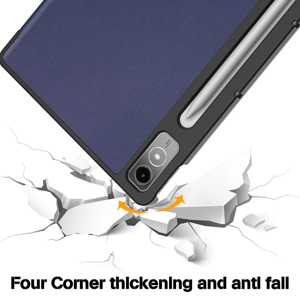 Lenovo Tab P12 protective case in apricot flower design showing magnetic bracket stand function