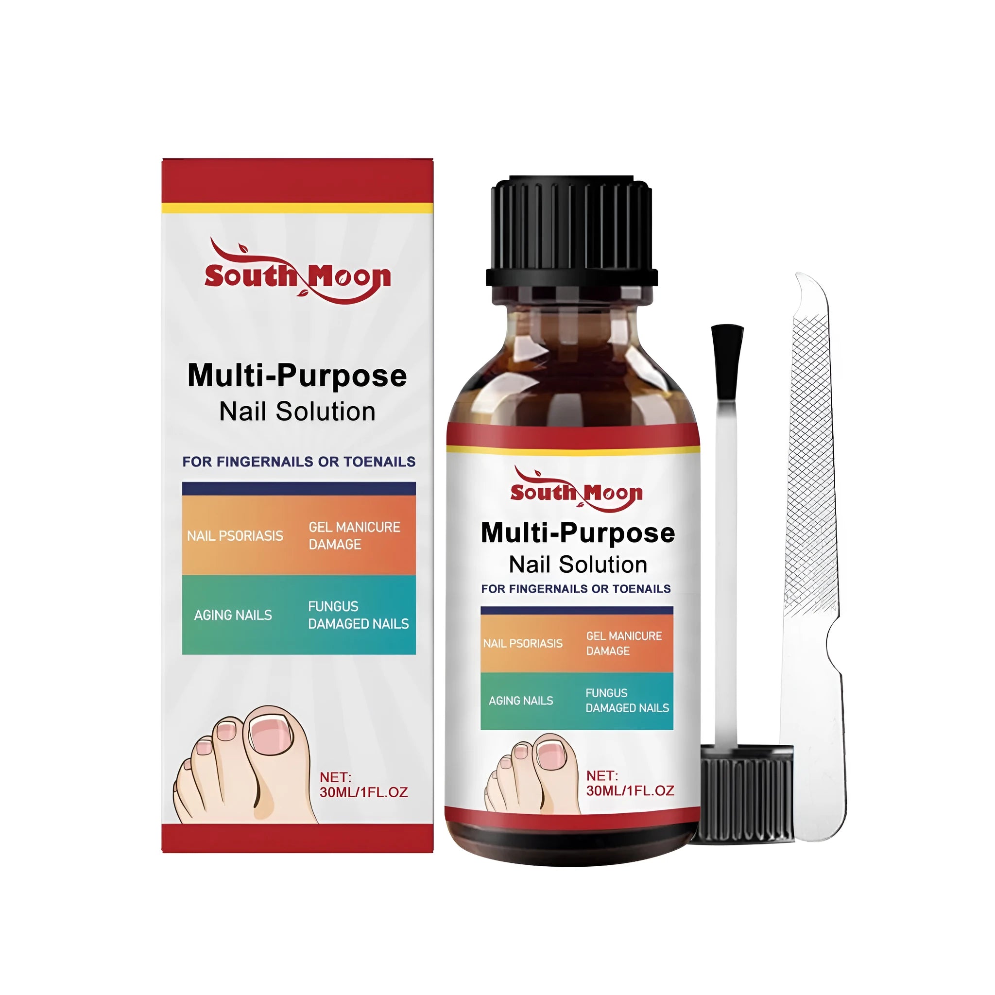 30ml bottle of nail care solution with tea tree oil and nail file for comprehensive nail maintenance