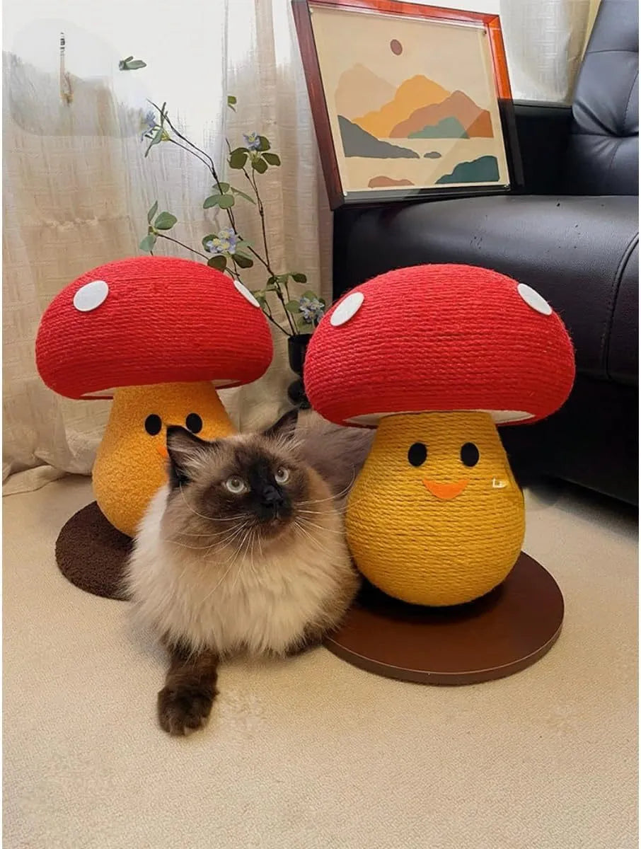 Foldable mushroom-shaped cardboard cat scratcher board on a carpet next to a sofa.