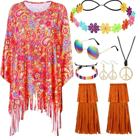 Colourful tie dye cloak costume with bell sleeves, shown in rainbow print.