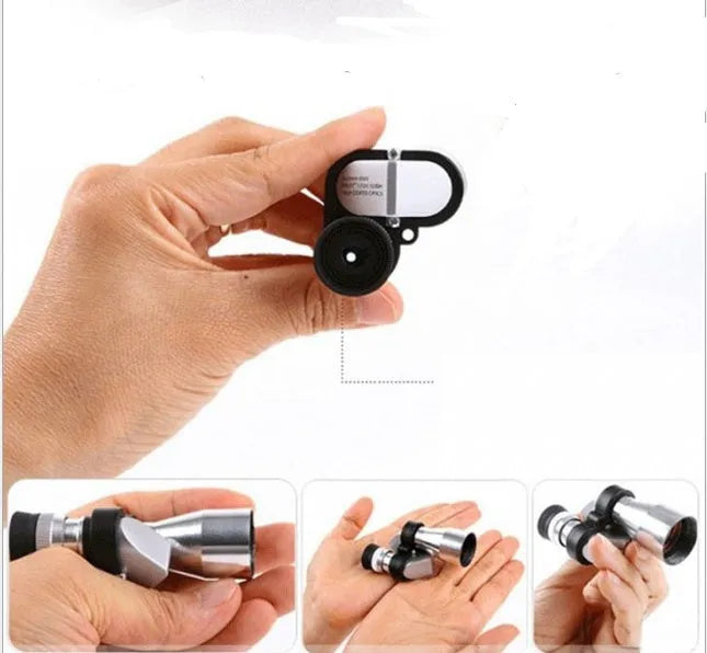 Compact aluminium alloy monocular telescope with 8x20 lens, shown with its included canvas carry bag and cleaning cloth.