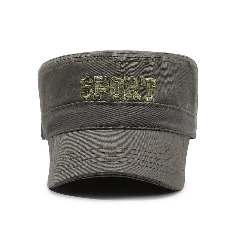 Men's adjustable cotton flat-top peaked cap in army green colour with English letter detail