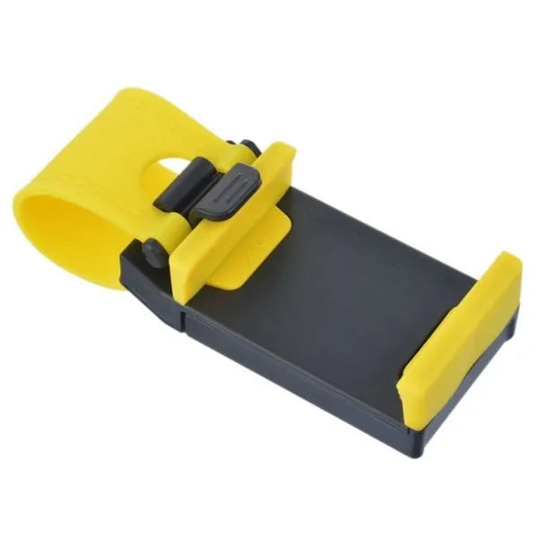 Black universal steering wheel phone holder clip mount attached to a car steering wheel.