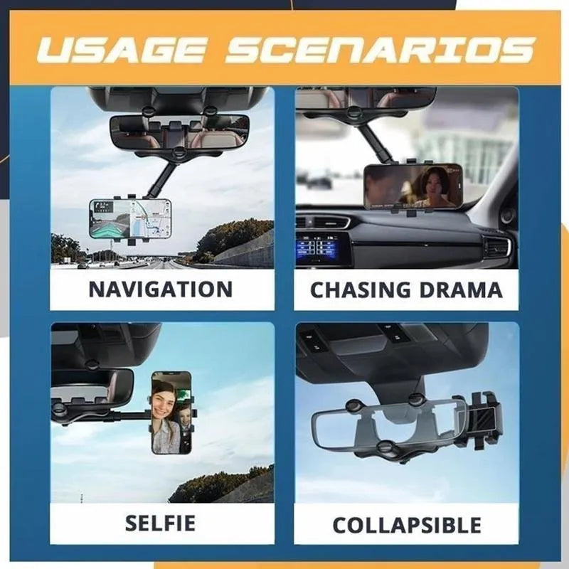 Black rearview mirror car phone holder with telescopic arm and rotating phone clamp.