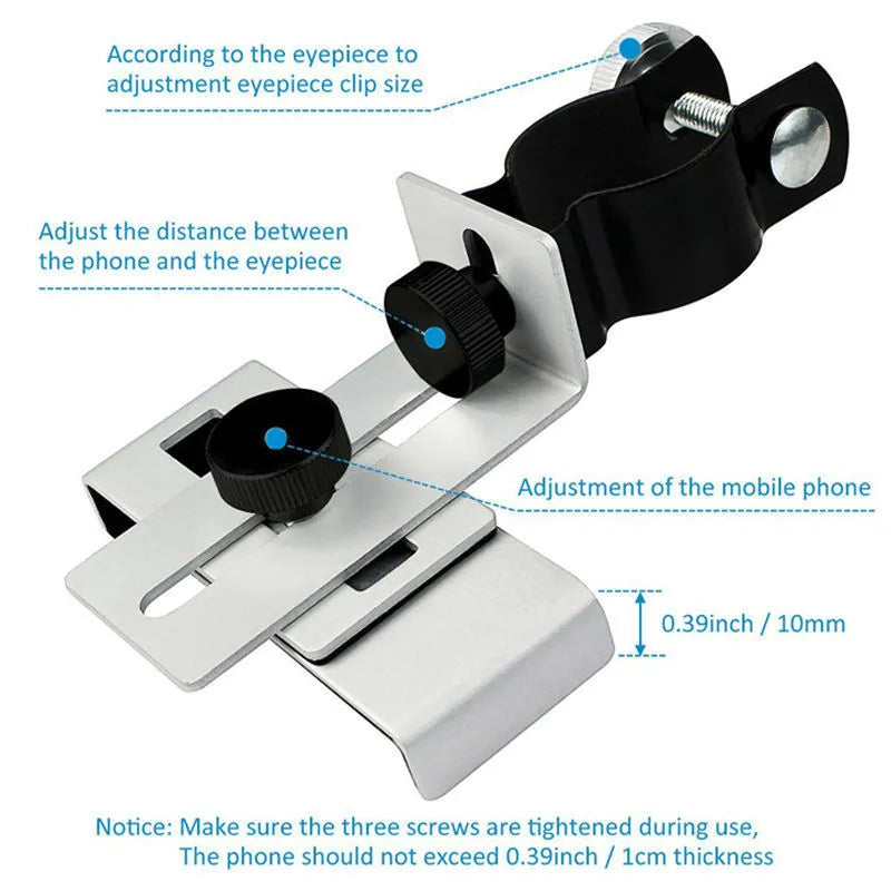 Adjustable metal smart phone adapter with rubber clip in black and silver on a tripod