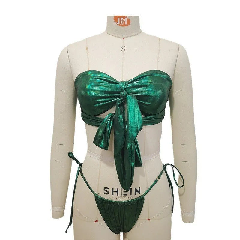 Women's lace-up front swimsuit with wireless cups and split leg briefs style in a floral print.