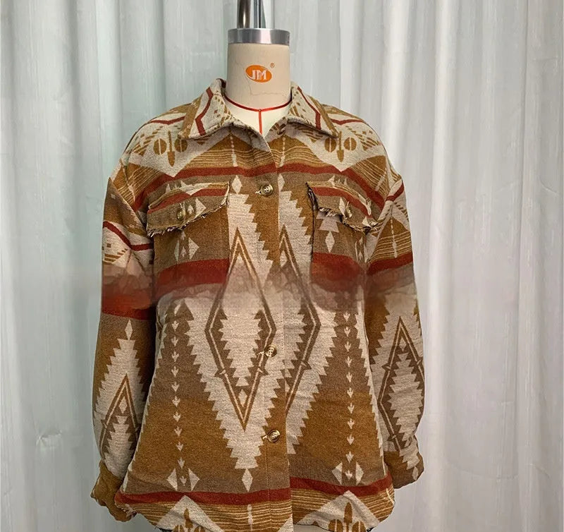 Women's retro woolen jacket with Aztec print in army green colour showing loose fit and long sleeves