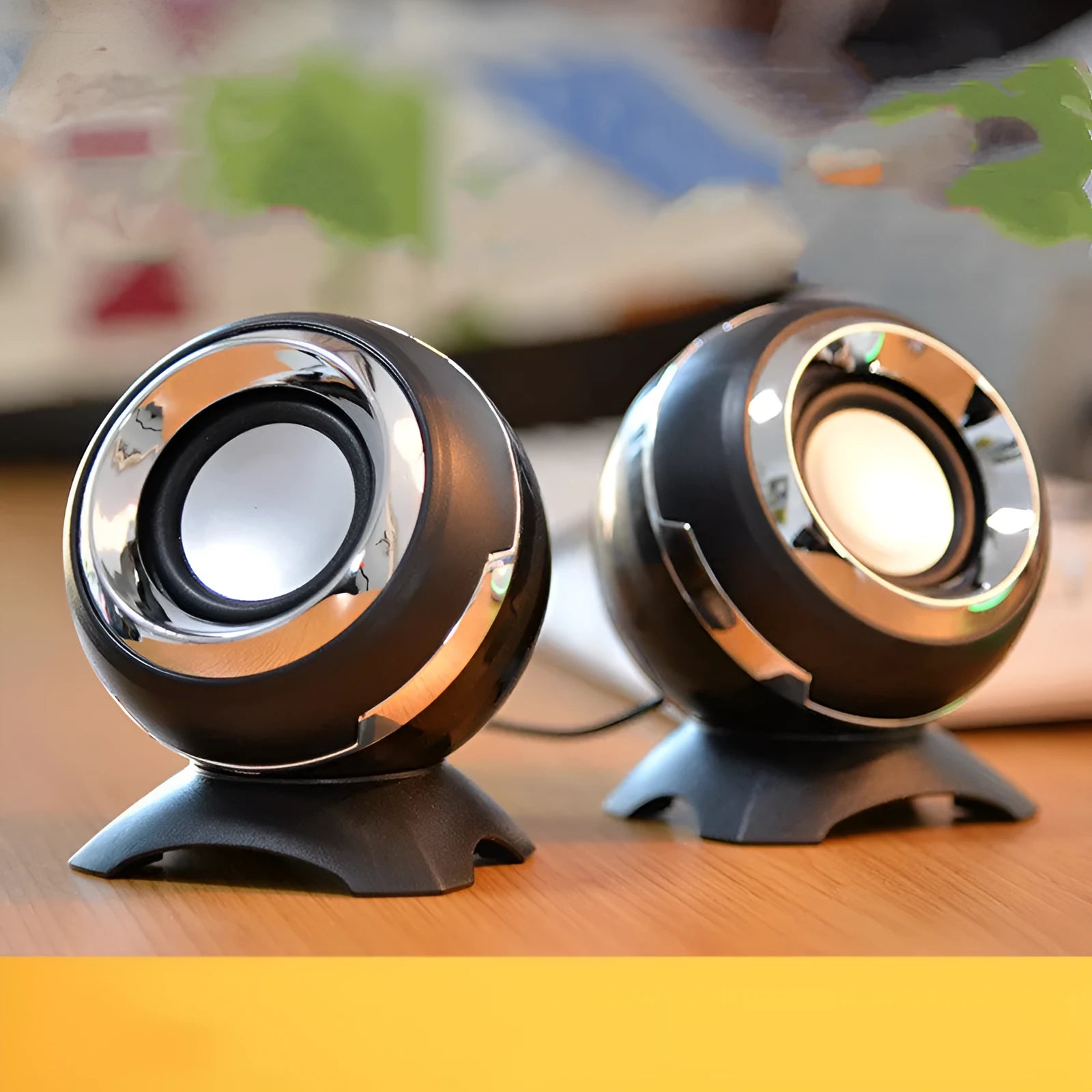 Pair of compact desktop speakers with USB cable and 3.5mm audio connection