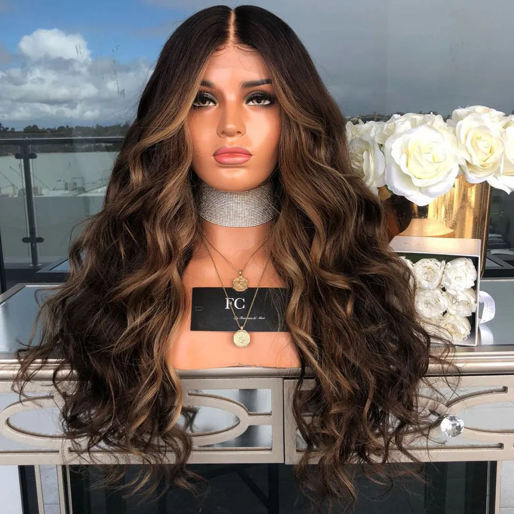 Long brown wig with high temperature wire hairline on a mannequin head