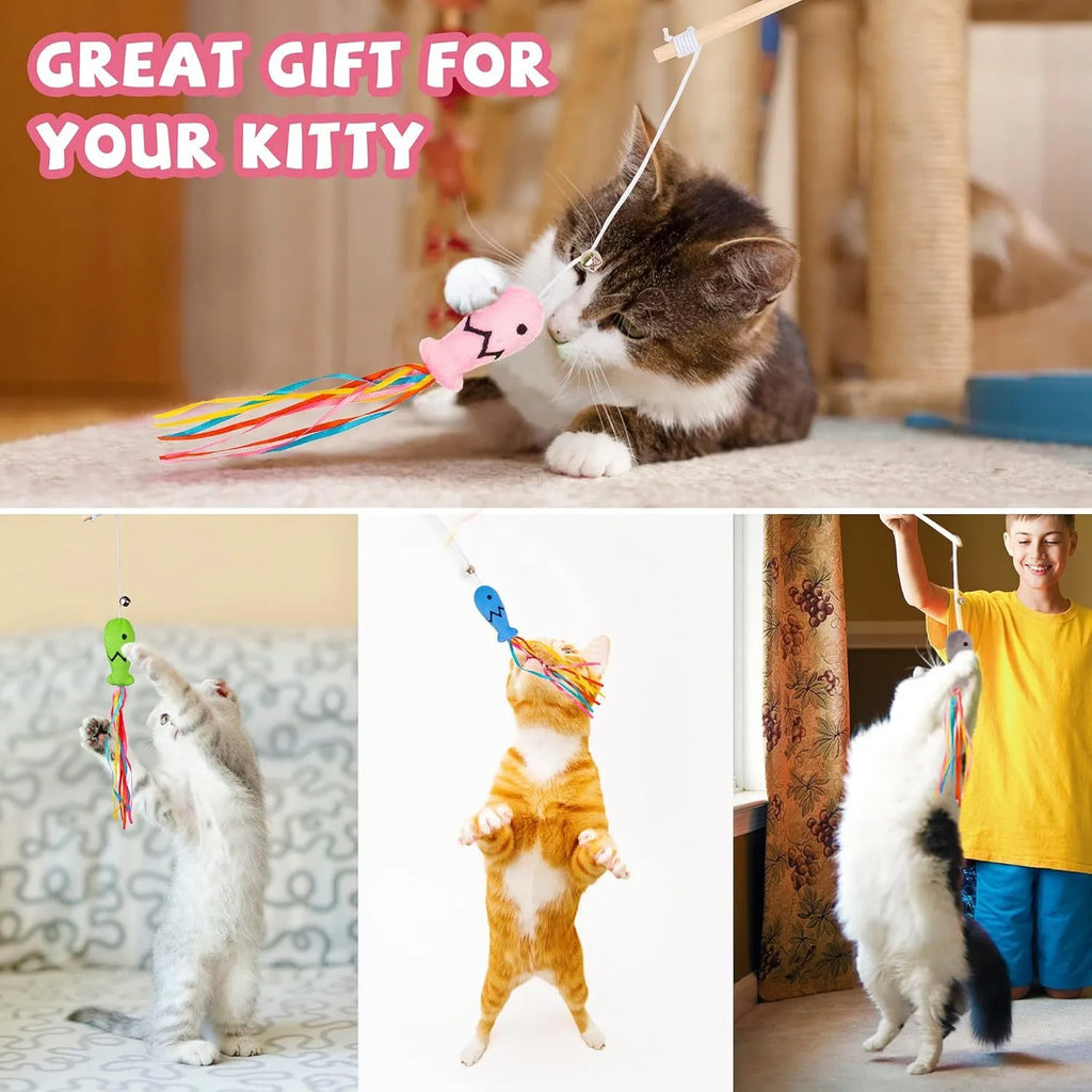 Blue cat wand toy with colourful ribbons, catnip fish, bell, and wooden handle for indoor cats.