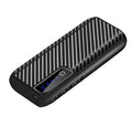 Black 20000mAh portable power bank showing USB input and output ports, with dimensions 142mm x 64mm.