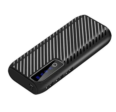 Black 20000mAh portable power bank showing USB input and output ports, with dimensions 142mm x 64mm.