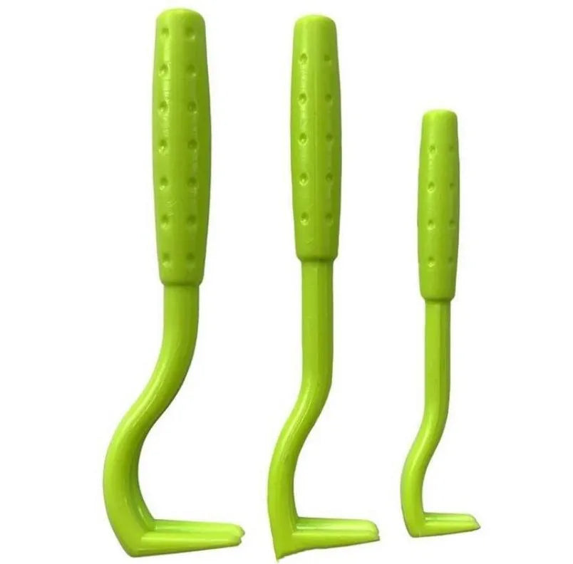 Three blue plastic tick removal hook tools for dogs and cats on a white background.