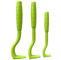 Three blue plastic tick removal hook tools for dogs and cats on a white background.