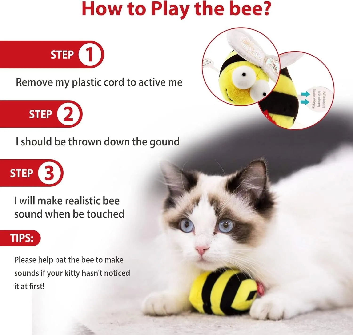 Yellow flannelette bee-shaped electronic cat toy with motion-activated chirping sound