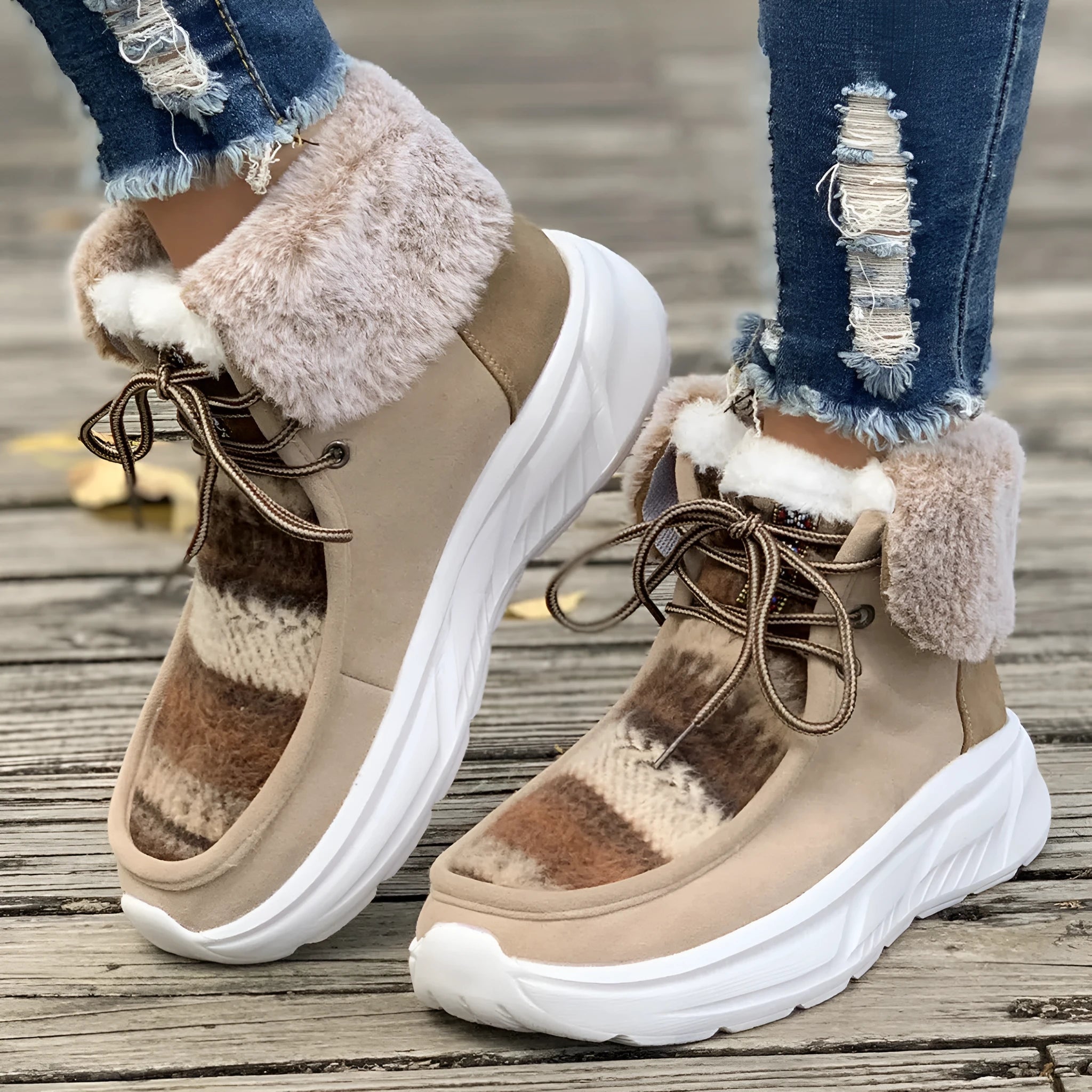 Beige women's lace-up suede mid-top snow boots with a thick sole on a winter background.