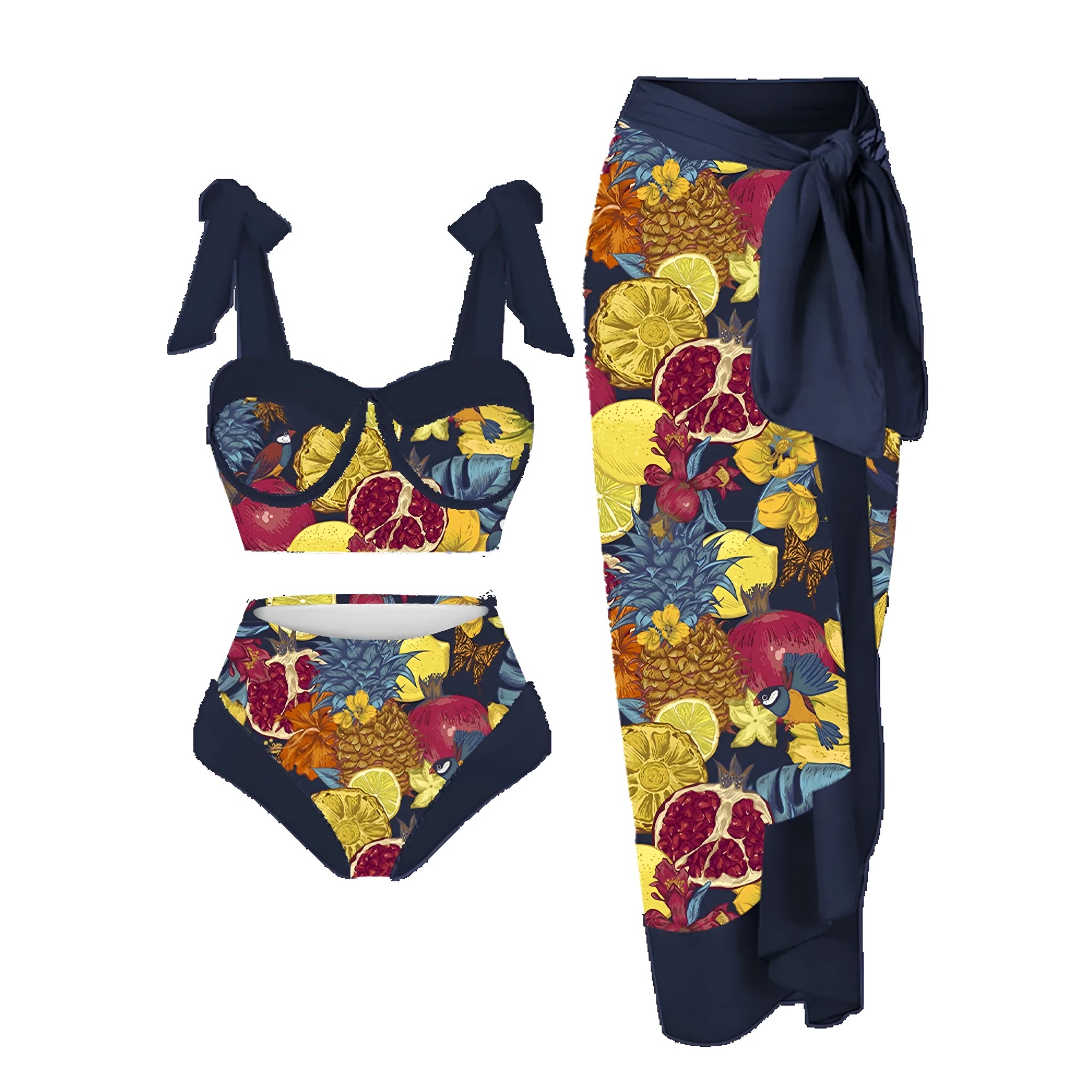 Women's printing split swimsuit three-piece set in a floral pattern, showing skirt, bra, and panties.