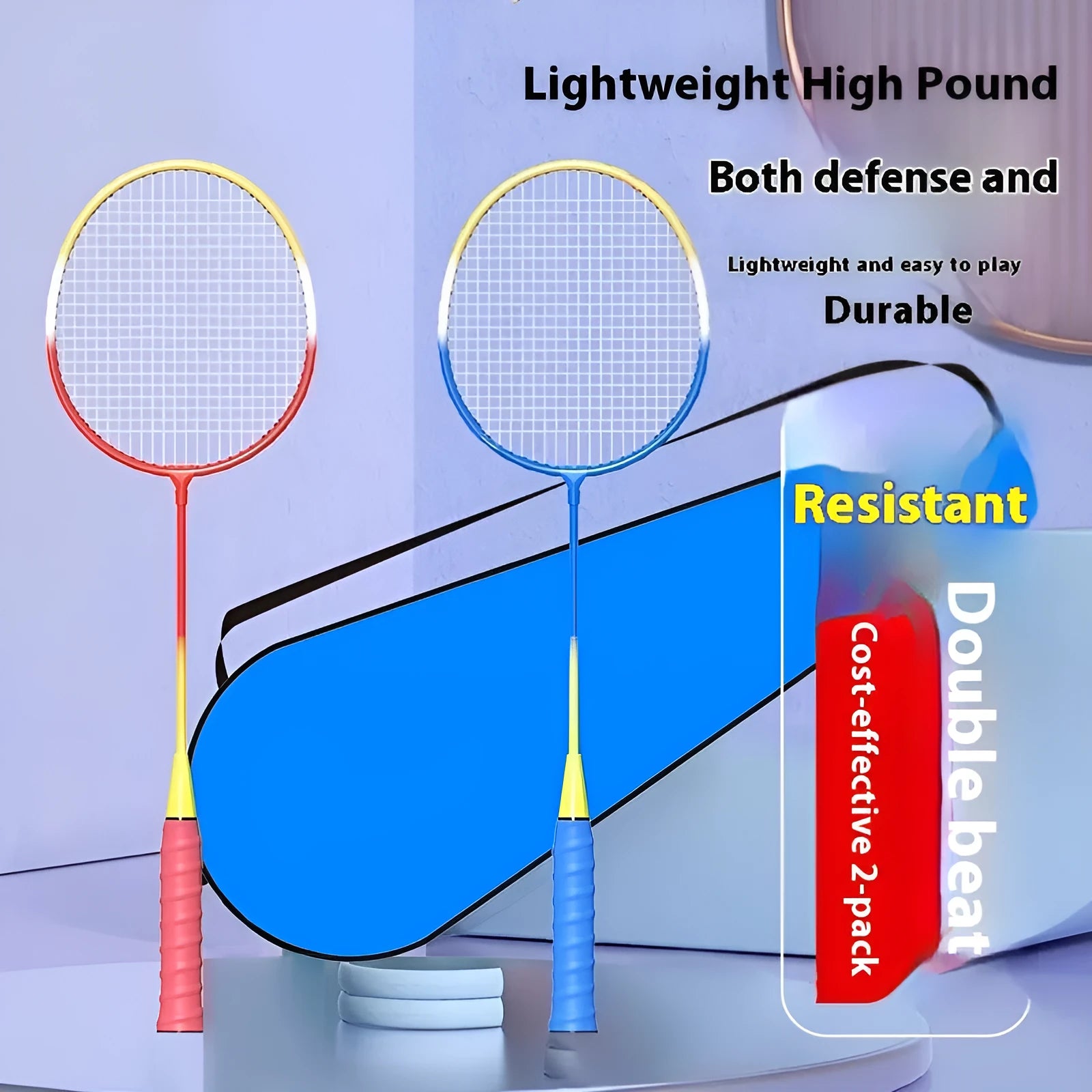 A pair of blue and red ultra-lightweight graphite alloy badminton rackets laid side by side.