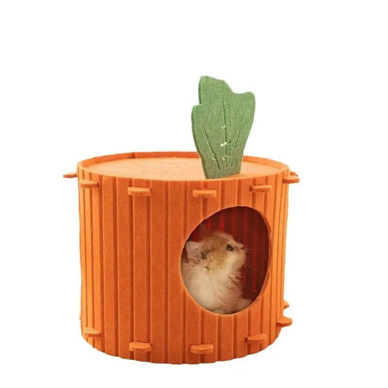 A brown felt carrot-shaped cat nest with a round drilled hole entryway, shown in two size options.