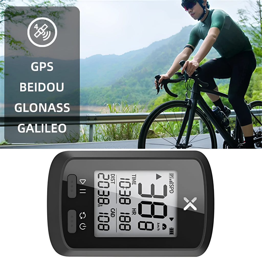 Black waterproof bicycle stopwatch with digital display mounted on bike handlebars using magnetic attachment system