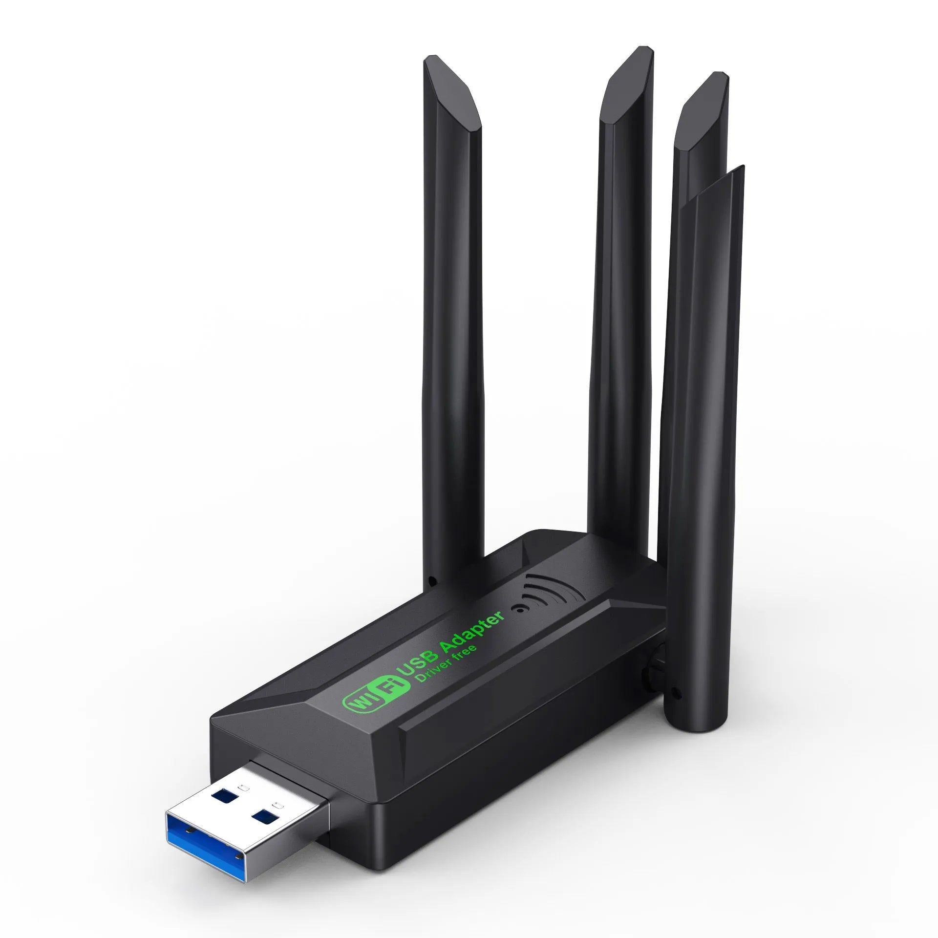 Black USB network transmitter with four extended antennas for wireless signal coverage