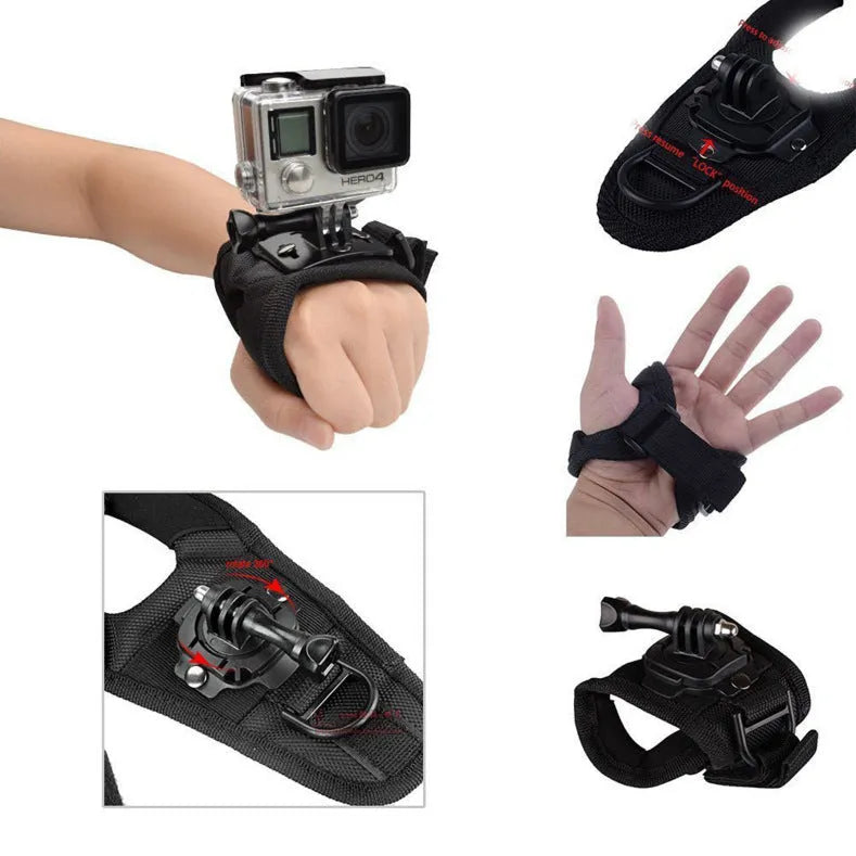 Black GoPro rotating wrist strap mounted on a hand, showing 360-degree rotation mechanism for action cameras.