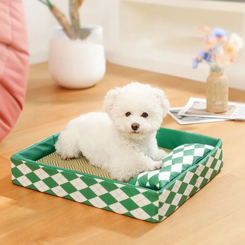 Blue rattan woven cat litter mat and bed placed next to a litter tray.