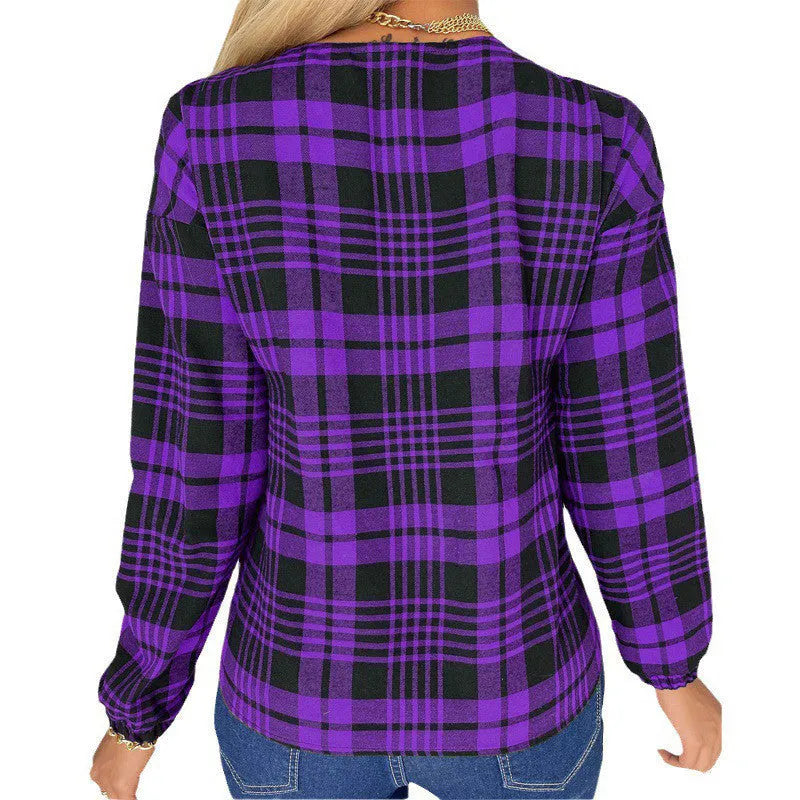 Women's purple plaid loose shirt with regular sleeves on hanger