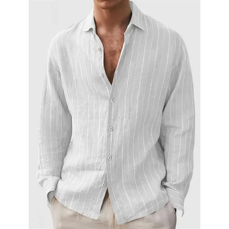 Men's striped long sleeve cardigan shirt in loose fit polyester available in multiple colours