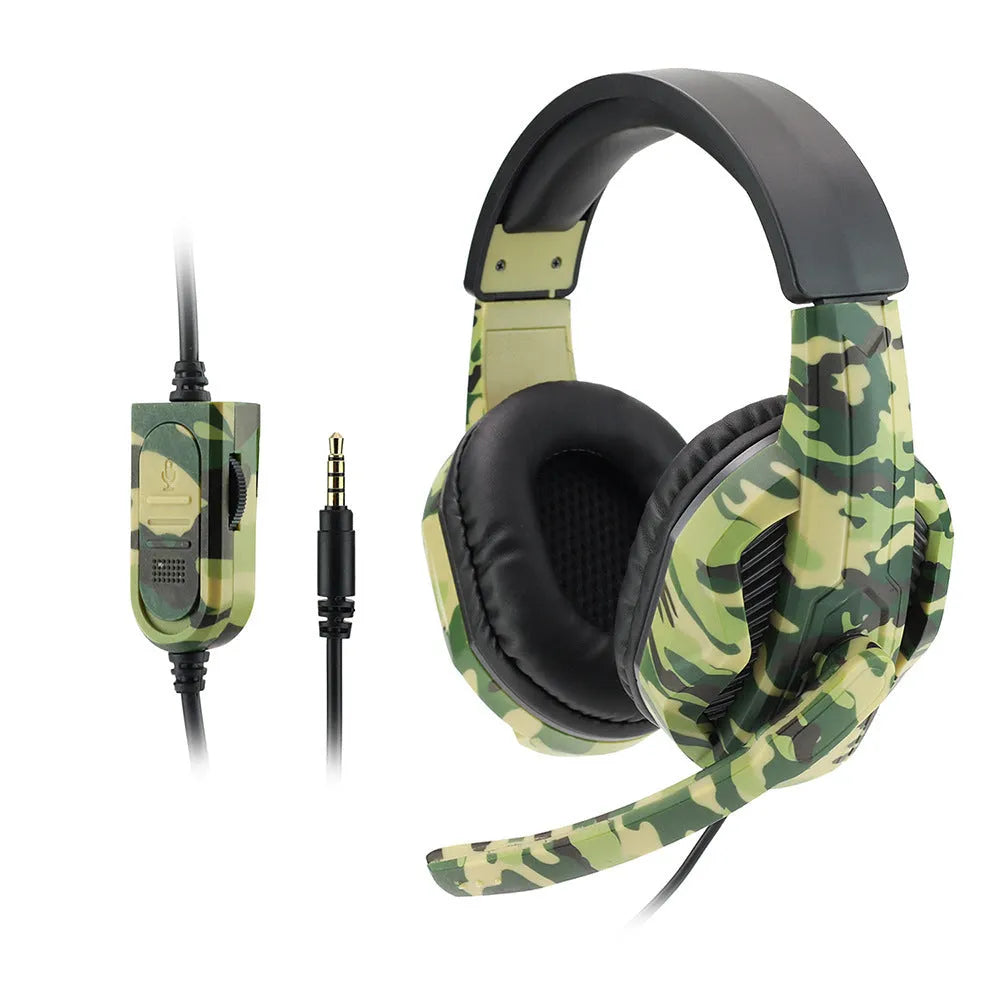 Army green camouflage wired gaming headset with over-ear cups and a built-in microphone on a black PVC cable.